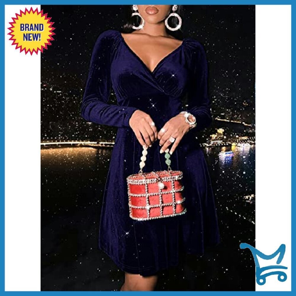 Velvet Glitter Wrap V Neck Long Sleeve Fit Flare Mini Dress - Picture 5 of 8